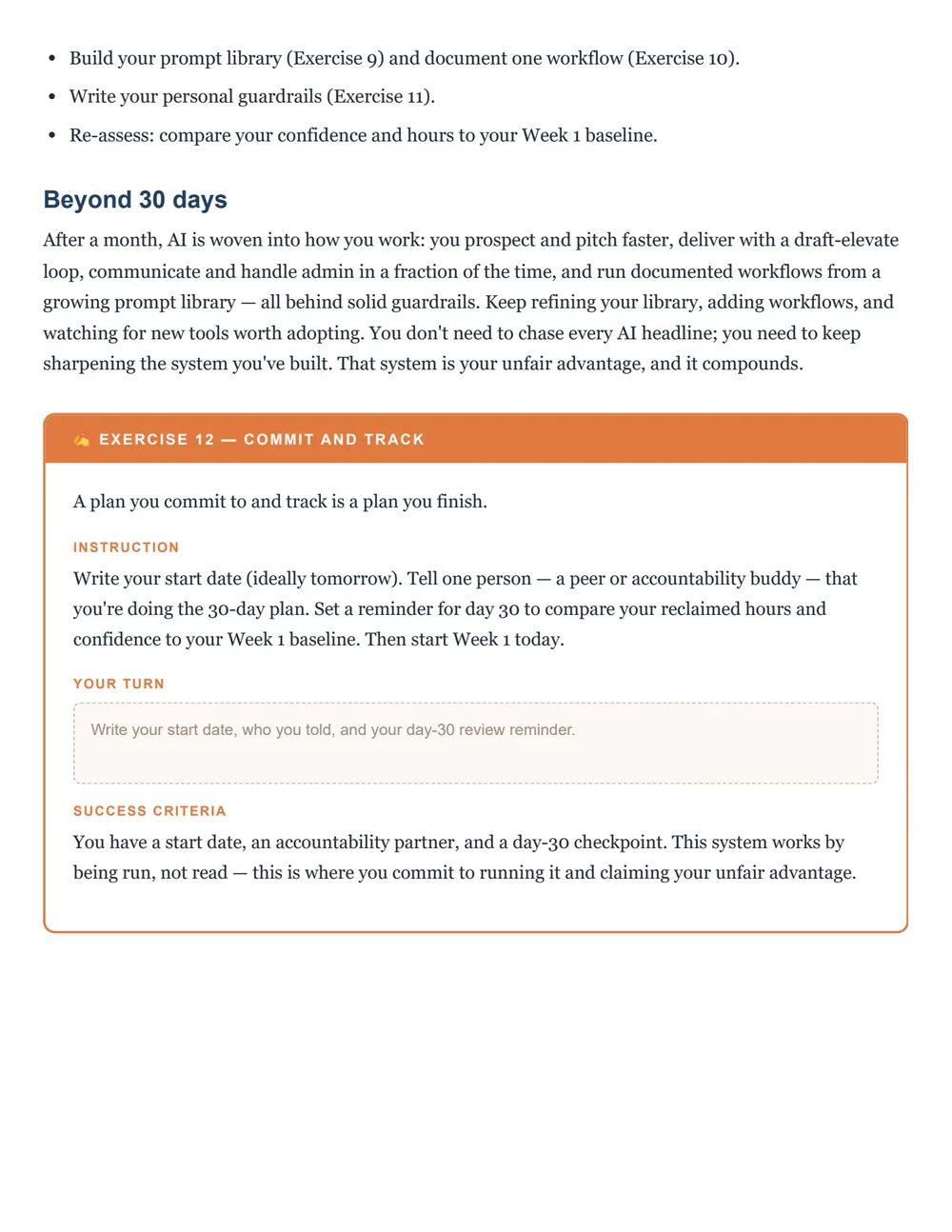 Playbook, p.46 — every chapter ends with something to do, not just read.