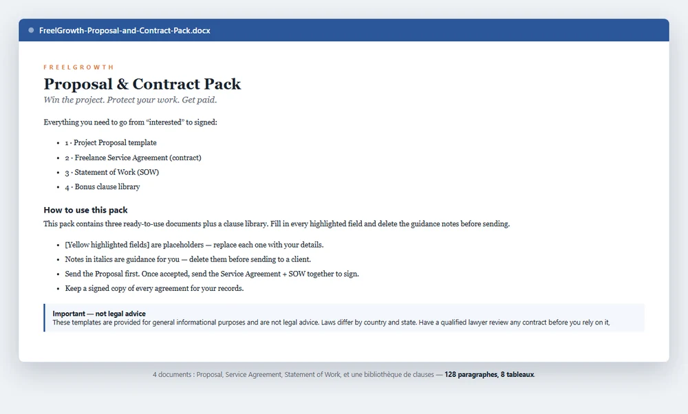 Proposal & Contract Pack — 4 documents in Word, placeholders highlighted.
